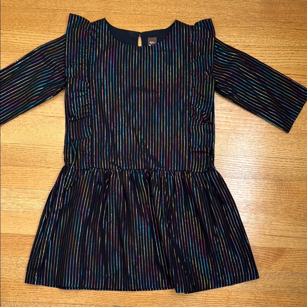 Tea Collection Black Dress with Metallic Pinstripes and Ruffle Detail